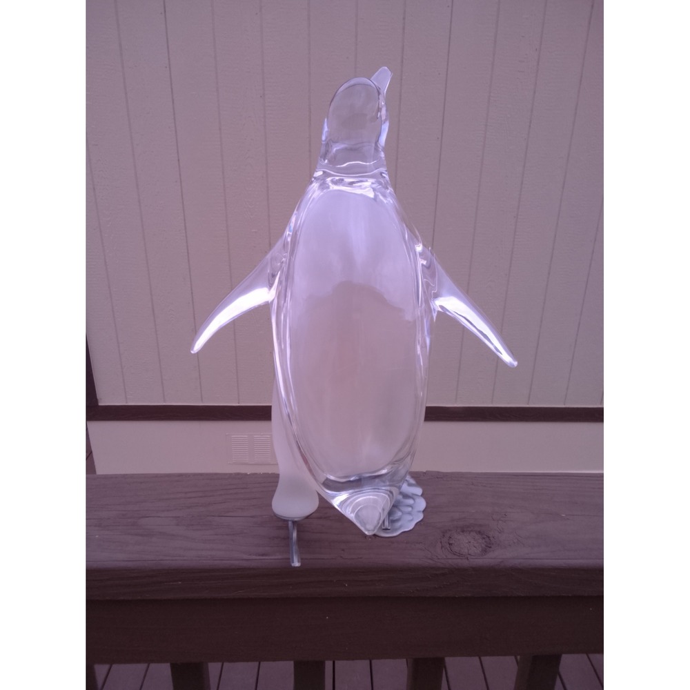 Clear Acrylic Glass Skating Penguin Figurine Silver Metal Skates Ice Base Decor